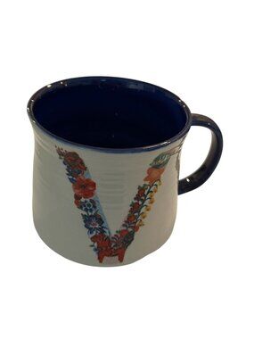 Anthropologie Nathalie Lete Floral Initial V Mug Ceramic 12 Oz Blue